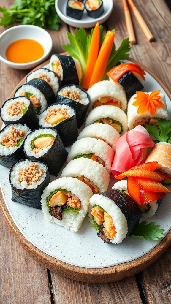A platter of onigiri rice balls with tuna mayo, umeboshi, and salmon fillings, garnished with vegetables.